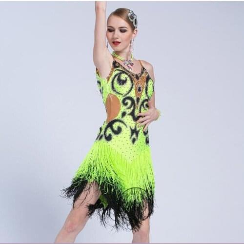 Professional custom fabric dance dress latin dance dress girl or lady fringe tassel latin dancing dress competition 17110