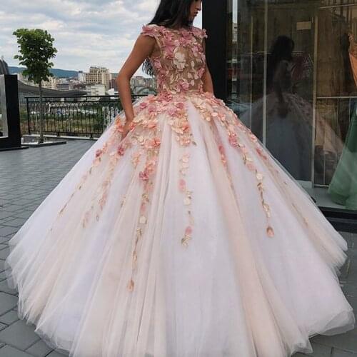 Pink prom dresses 2021 crew neckline hand made flowers ball gown long evening dresses