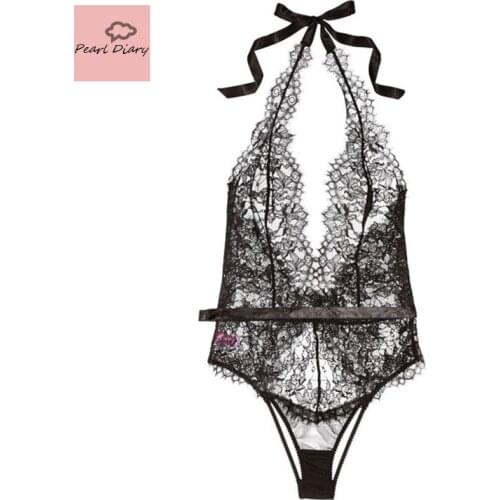 Sexy One-Piece Black and White Erotic Lingerie Buttocks Exposed Design Eyelash Lace See-Through Clothing