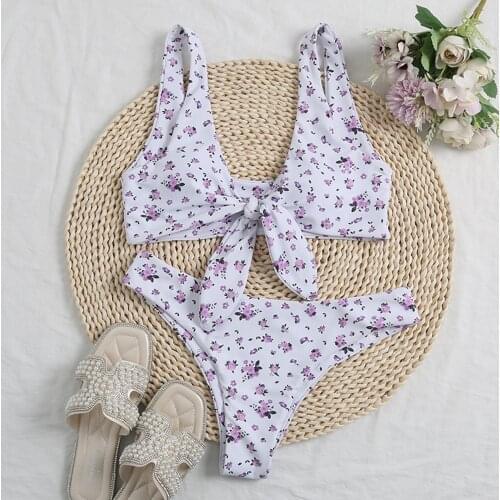Sexy Tie Bowknot Bikinis Purple Flower Print Thong Swimwear Set Two Pieces Swim Suits Brazilian Padded Bandeau Summer Clothes