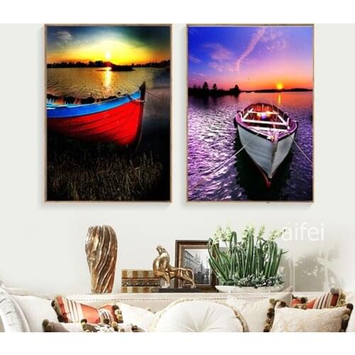 Nordic Home Decoration Art Poster Pretty Boat Lake Picture Sunset Seascape Canvas Painting Modular Wall Pictures For Living Room