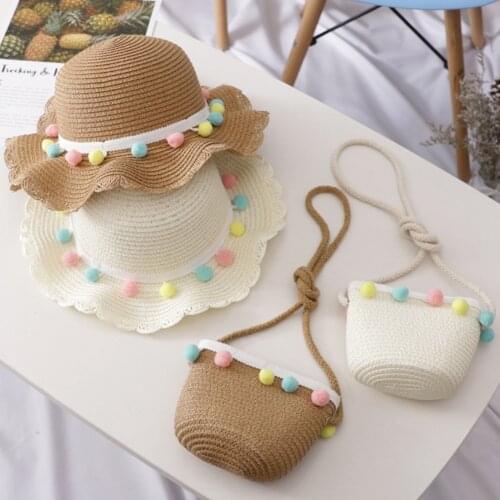Kids Girls Large Wide Brim Straw Woven Sun Protection Beach Hat Colorful Pompom Ball Summer Floppy Bucket Cap Portable Handbag