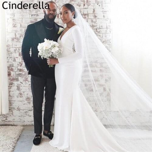 Long Sleeves Wedding Dresses V-Neck Sweep Train High Quality Lace Silk Satin Mermaid Wedding Dress Zipper Back vestido de noiva