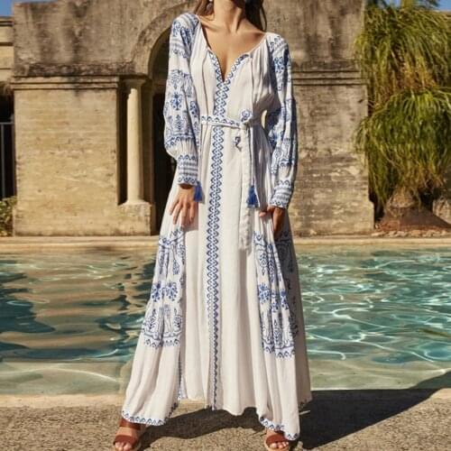 TEELYNN White Cotton Maxi Dress Women Ethnic Tunic Robe Vintage Long Sleeve Embroidery Autumn Dresses Boho Beach Loose Vestidos