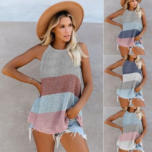 Women Summer Loose Casual Camis Top Sexy Streetwear Female Striped Contrast Halter Neck Round Neck Sleeveless Knit Women Clothes