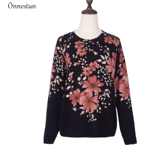 Female Pullovers Autumn Fashion Print Long Sleeve O Neck Plus Size Print Floral Knitted Pullover Sweater For Women