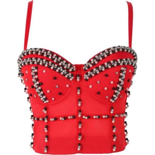 Halloween Stage Costumes for women Sexy Underboob Corset Top Beads Pearls Push Up Bustier Diamond Bra To Wear Out Cropped Cami
