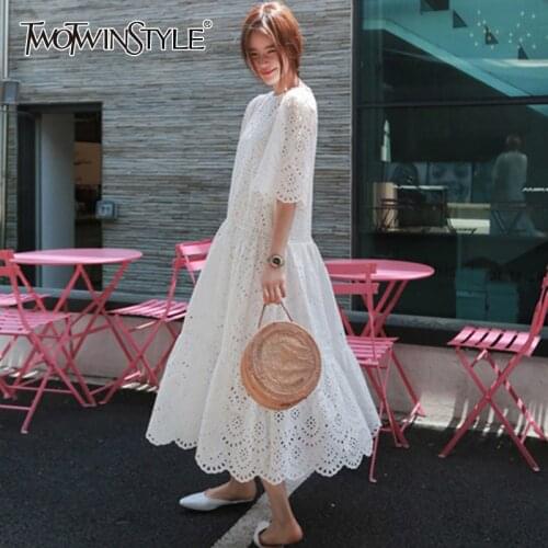 TWOTWINSTYLE Hollow Out Dresses For Female O Neck Short Sleeve High Waist Slimming Ruched Ruffle With Belt Womens Dress New