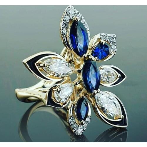 Luxury Jewelry Ladies Flower Shaped zircon Party Ring Blue White Crystal Claws Design Elegant Engagement Wedding Female Ring