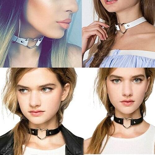Love Heart Adjustable Leather Choker Punk PU Necklace Goth Choker Soft Collar Chain for Women Girls
