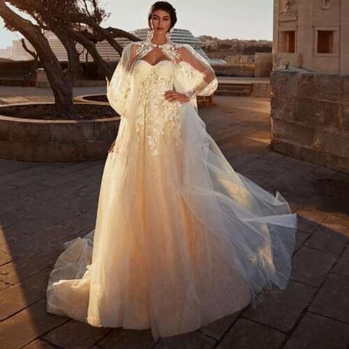 Eightree Vestido de Noiva Renda Champagne Wedding Dresses Lace with Shawl Vintage Bride Dress 2021 Jacket Wedding Gowns Backless