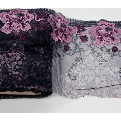 1Meter 18CM Wid Dark Purple Floral Embroidery Lace Trim With Silver Thread Mesh Fabric For Lingerie Underwear Dress Bra Decor