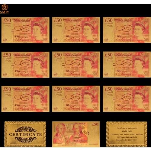 10Pcs/Lot Colorful UK Replica Currency 50 Pounds Gold Foil Banknote Paper Money Collection For Home Decoration