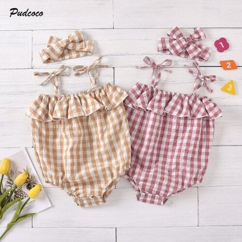 2020 0-24M Sweet 2pcs Summer Infant Baby Girl Plaid Romper Jumpsuit+Hair Ring Set Outfits Ruffle Sleeveless Jumpsuit Playsuit