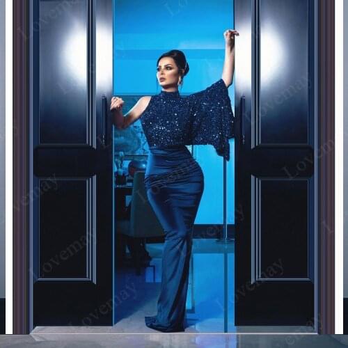 Sequined Glitter Evening Dresses 2021 Mermaid Long Prom Dresses Muslim Dubai One Shoulder Woman Party Night Vestido