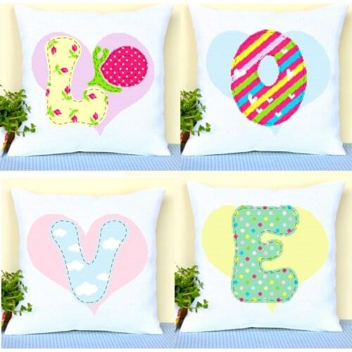 Sweet Heart Happy Geometric LOVE Throw Pillow Case Stamped Cross Stitch Cushion Cover Embroidery Kit, Set of 4,18inch