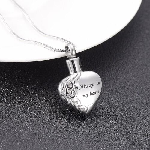IJD10021 Always in My Heart Cremation Urn Necklace for Ashes of Loved One,Stainless Steel Memorial Ashes Cremation Jewelry
