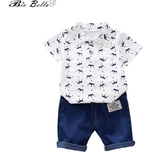 Kids Clothing Sets 2pcs Suit Short Sleeve Shirt+Denim Shorts Crown Print Boys Suits for Summer Boy Clothing