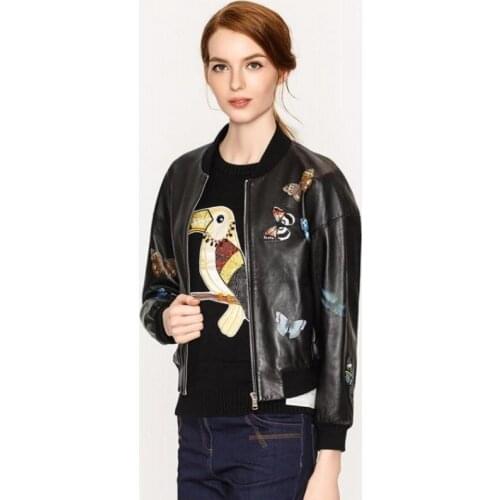 Women Genuine Casual Real Leather Bomber Jacket Sheepskin Slim Butterfly Embroidery Coat Ladies Fashion Overcoat