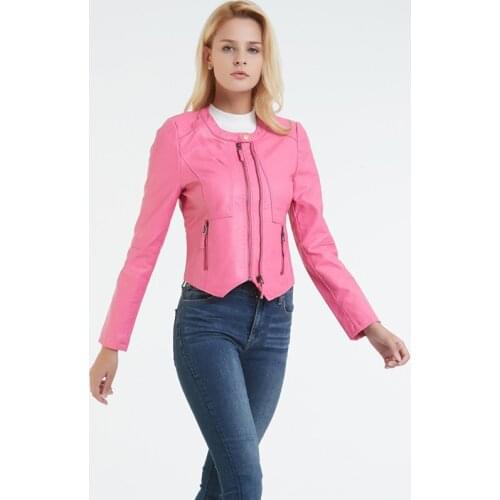New Leather Jacket Women short slim round neck double zipper PU washed leather Short Coat Pink Biker Jacket Leather Suede Female