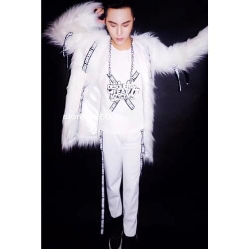 Fashion New Cool Mens white Letter print fur Coat Outwear Nightclub Male singer DJ Party Show Stage performance costumes set