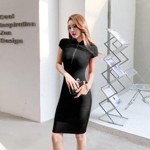 Fashion Lady Bodycon zipper Knitted Dress Office Sheath Bandage Dresses Show Slim Short Sleeves Summer Dresses High-end Vestidos