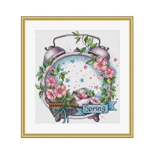 Lovely kit 19-20 Cross stitch Handmade 14CT Counted Canvas DIY,Cross-stitch kits,Embroidery Time Alarm Clock-Spring 31-33