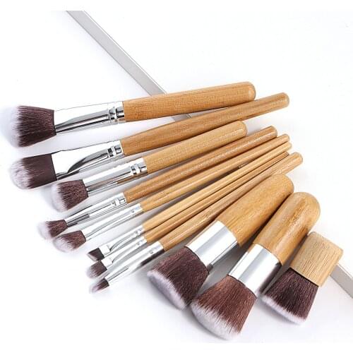 Hot 11pcs Natural Bamboo Handle Makeup Brushes Set High Quality Foundation Blending Cosmetic Make Up Tool Set With Cotton Bag