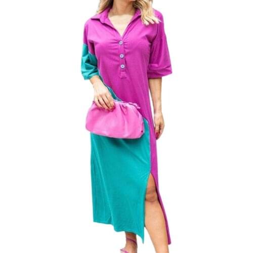 New Autumn Women Dresses Turn Down Collar Splice Ladies Half Sleeve Side Split Mid-calf Midi Dress vestidos mujer verano 2021