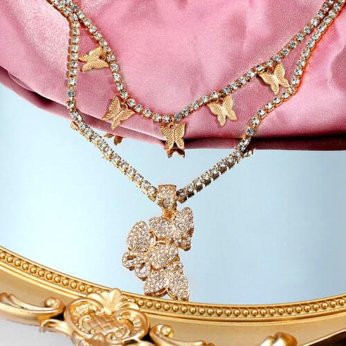 JUST FEEL Bling Multilayer Crystal 3 Butterfly Pendant Necklaces for Women Fashion Tennis Chain Animal Party Rhinestone Jewelry