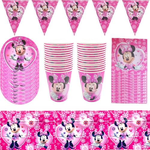 66pcs 8 People Minnie Mouse Party Disposable Party Supplies Decoration Cups Plate Pennant Tablecloth Combination