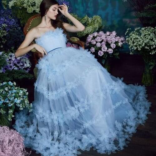 Romantic Sky Blue 3D Flower Tulle Prom Gowns 2020 A-line Long Tutu Formal Party Dresses Floral Bridal Gowns