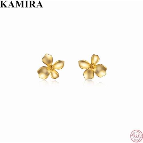 KAMIRA 925 Sterling Silver Korean Luxury Four Petal Flower 18k Gold Plated Stud Earrings for Women Wedding Elegant Royal Jewelry