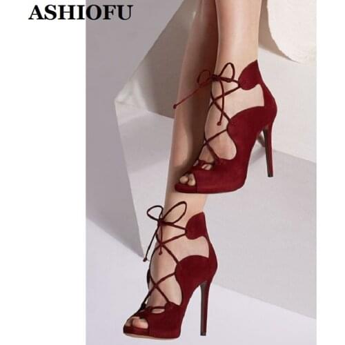 ASHIOFU Handmade Ladies Stiletto Heel Sandals Cross Lace-up Party Prom Dress Shoes Peep-toe Evening Daily Wear Fashion Shoes
