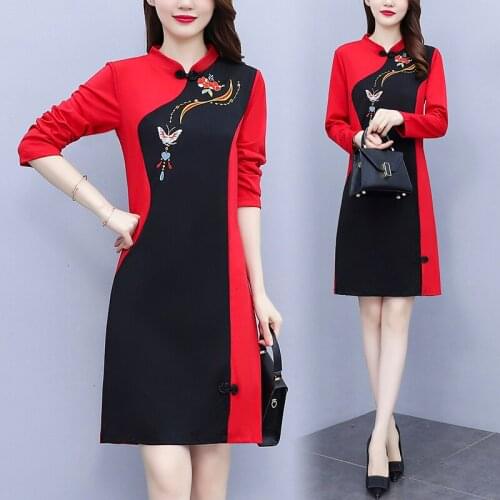 Womens Elegant Autumn Cheongsam Dress Long Sleeve Red Black Patchwork Vintage Retro Party Cocktail Cute Chinese Dresses Clothes