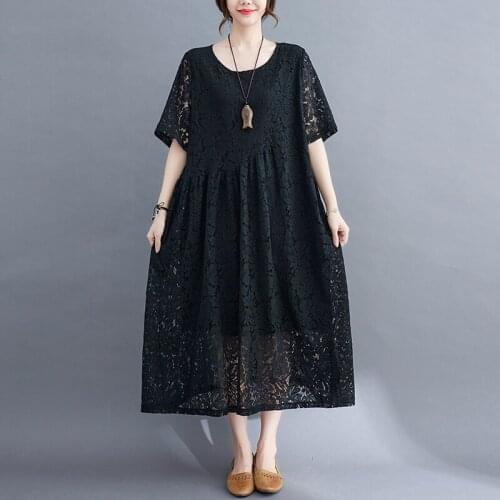 Black Red Women A-Line High Waist Lace Dress Elegant O-Neck Hollow Out Crochet Summer Dresses Mid-Calf Vestidos Mujer 2021 Robes