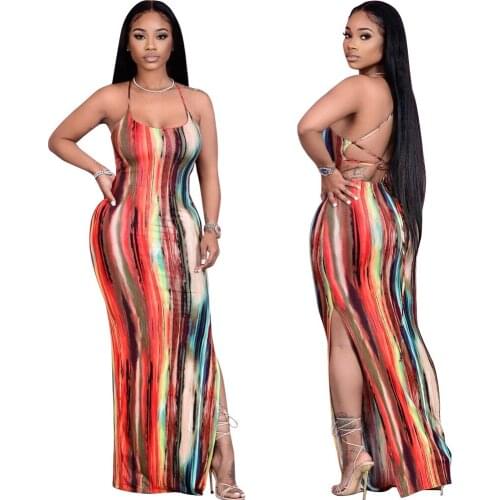 Womens Sexy High Waist Lace Up Backless Red Long Dress Party Night Club Printed Side Slit Bodycon Dress 2021 Summer Clothes