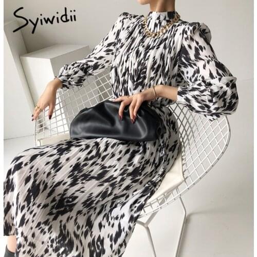 Syiwidii Print Pleated Dresses for Women Long Sleeve Chiffon 2021 Spring Summer Stand Collar Loose Style Vintage Dress Sashes