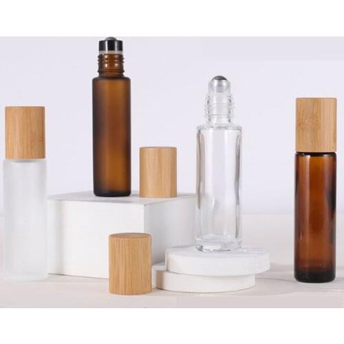 5ml 10ml 15ml 0.5oz brown transparent frosted bamboo cover roll-on bottle wood grain cover for Essential oils