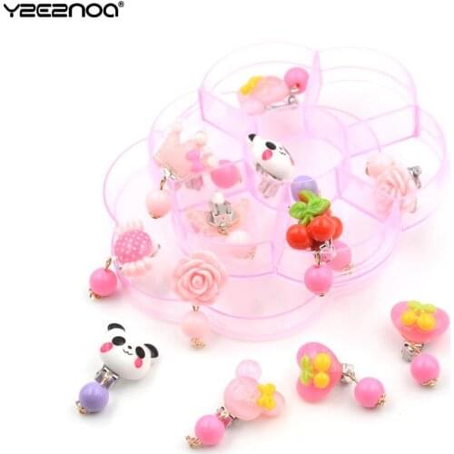 7pair Cartoon Earrings Flower Crown Ear Party Gift Cute Children Baby Girl Jewelry Kids Animal Pink Beads Ear Clip On Pierced