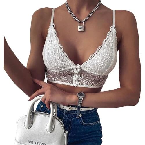 Women Summer Lace Bralette Sexy Solid Bandeau Bra with Adjustable Spaghetti Straps Girls White/Black Button Down Lace Bras