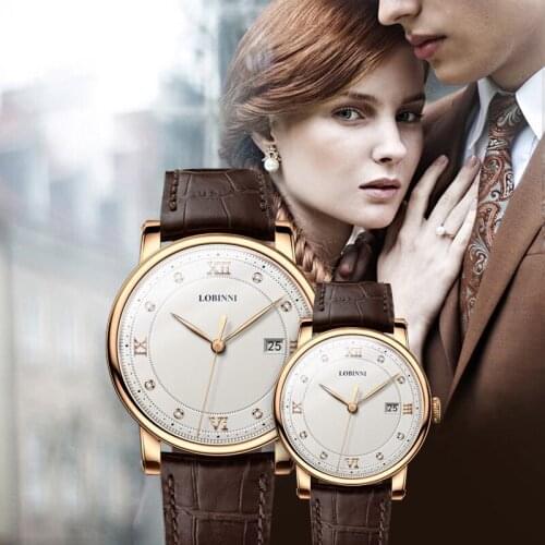 LOBINNI Watch Luxury brand lovers Wristwatch Sapphire Vintage Quartz Watch Leather Strap Couple Watch Men Women Gift
