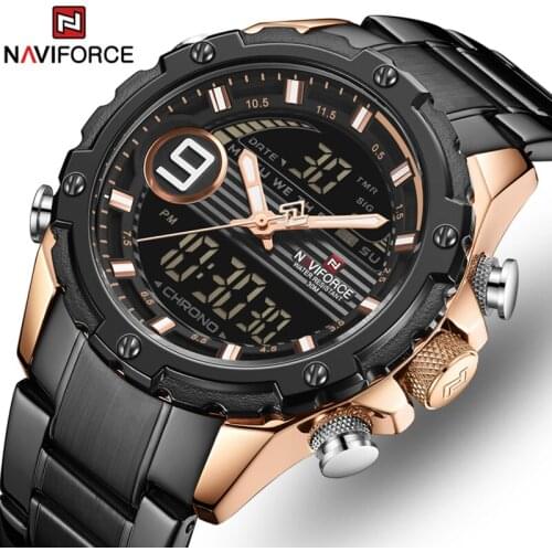 NAVIFORCE Top Brand Luxury Watch Men LCD Digital Chronograph Sport Stainless Steel Military Wrist Watch Clock Relogio Masculino