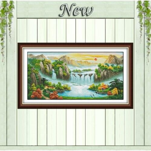 Beautiful Scenery mountain river sun painting Counted print on canvas DMC 14CT 11CT Cross Stitch Needlework kits Embroider Sets