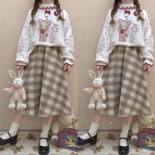 Sweet Womens Plaid Skirt Mid-Calf Long Woolen Skirt Empire Waist Cute Girl Elastic Waist Skirt Vintage Style