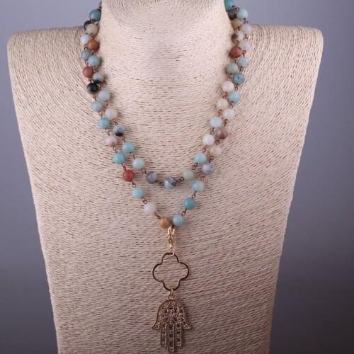 MOODPC Free Shipping Amazonite Stones Bohemian Tribal Jewelry Rosary Chain Metal Flower Hand Palm Pendant Necklace