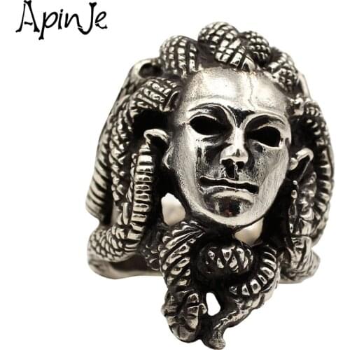 Apinje Unique 925 Sterling Silver Ring Men Personality Face Animal Snake Greek Mythology Man Rings Handmade Jewelry