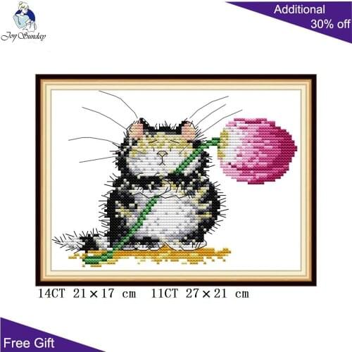 Joy Sunday Kitten Giving Flowers DA461 14CT 11CT Counted and Stamped Flower Cat Home Decor Embroidery DIY Cross Stitch kits