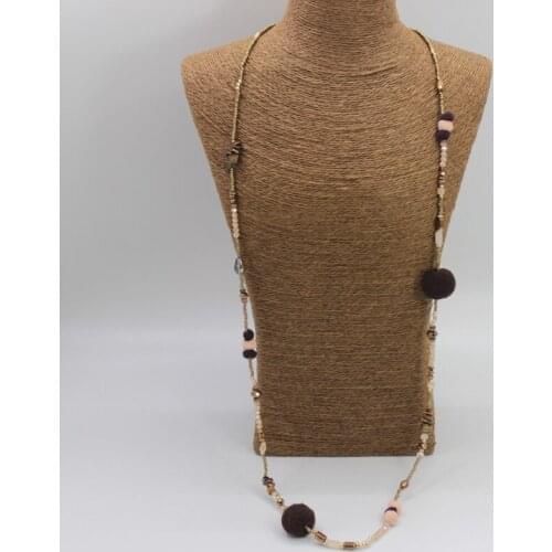 Newest 4 Colors Fashion Woman Necklace Cute Fluffy Balls And Beads Long Necklace Christmas Gift for Girls Free Shipping N15651