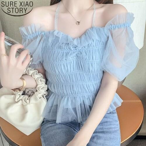 2021 Summer New Women Shirts Korean Mesh Blouse Sexy Elegant Ladies Tops Blusas Off-the-shoulder Short Sleeve White Tops 14503